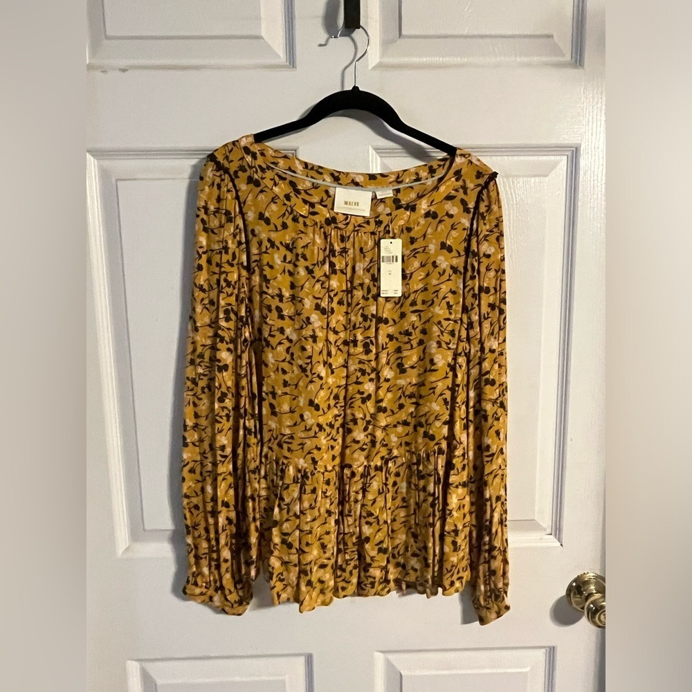 Anthropologie Maeve Cheyenne Peplum Yellow Floral Boho Blouse Size Small